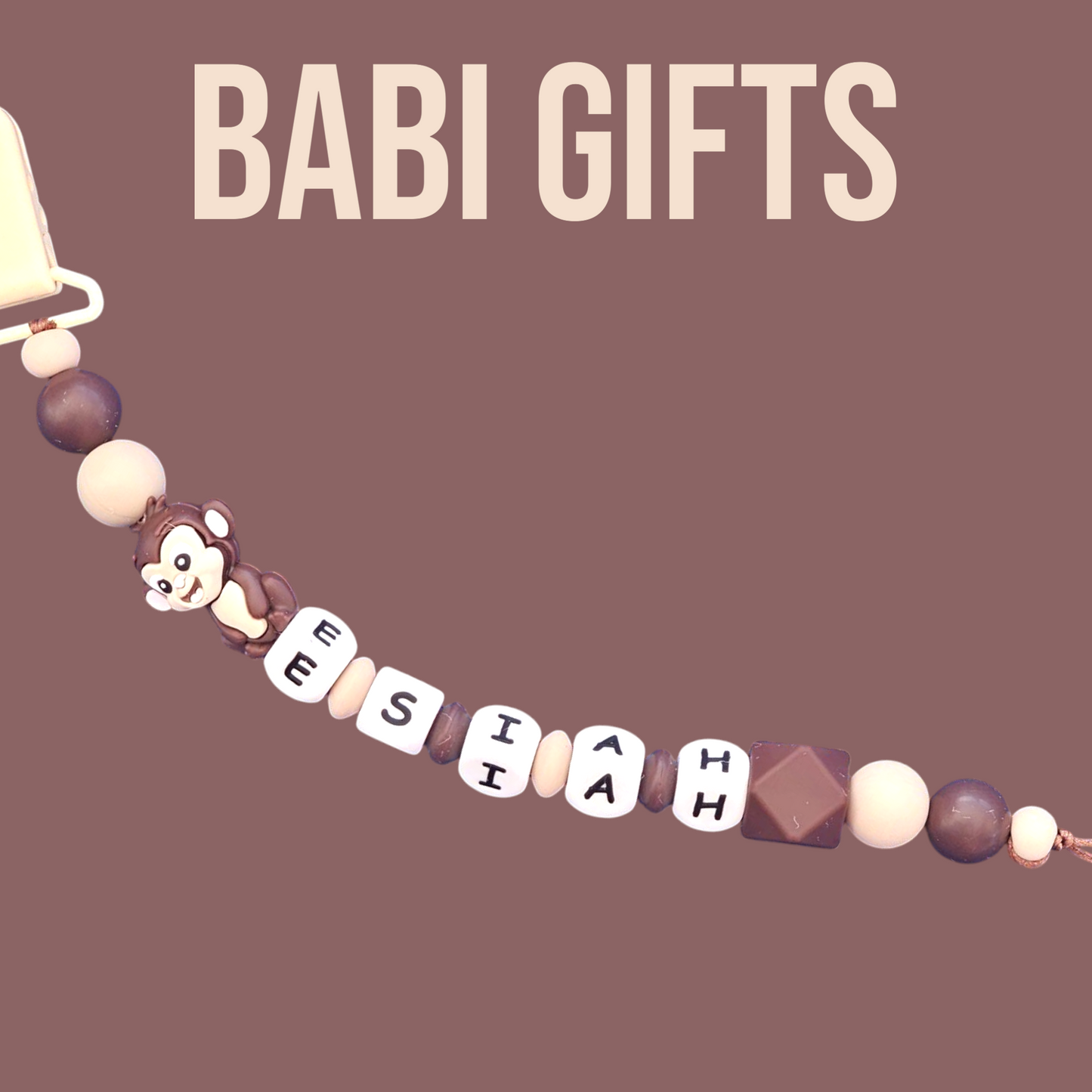Monkey Dummy Clip & Teether – Neutral Jungle Baby Gift