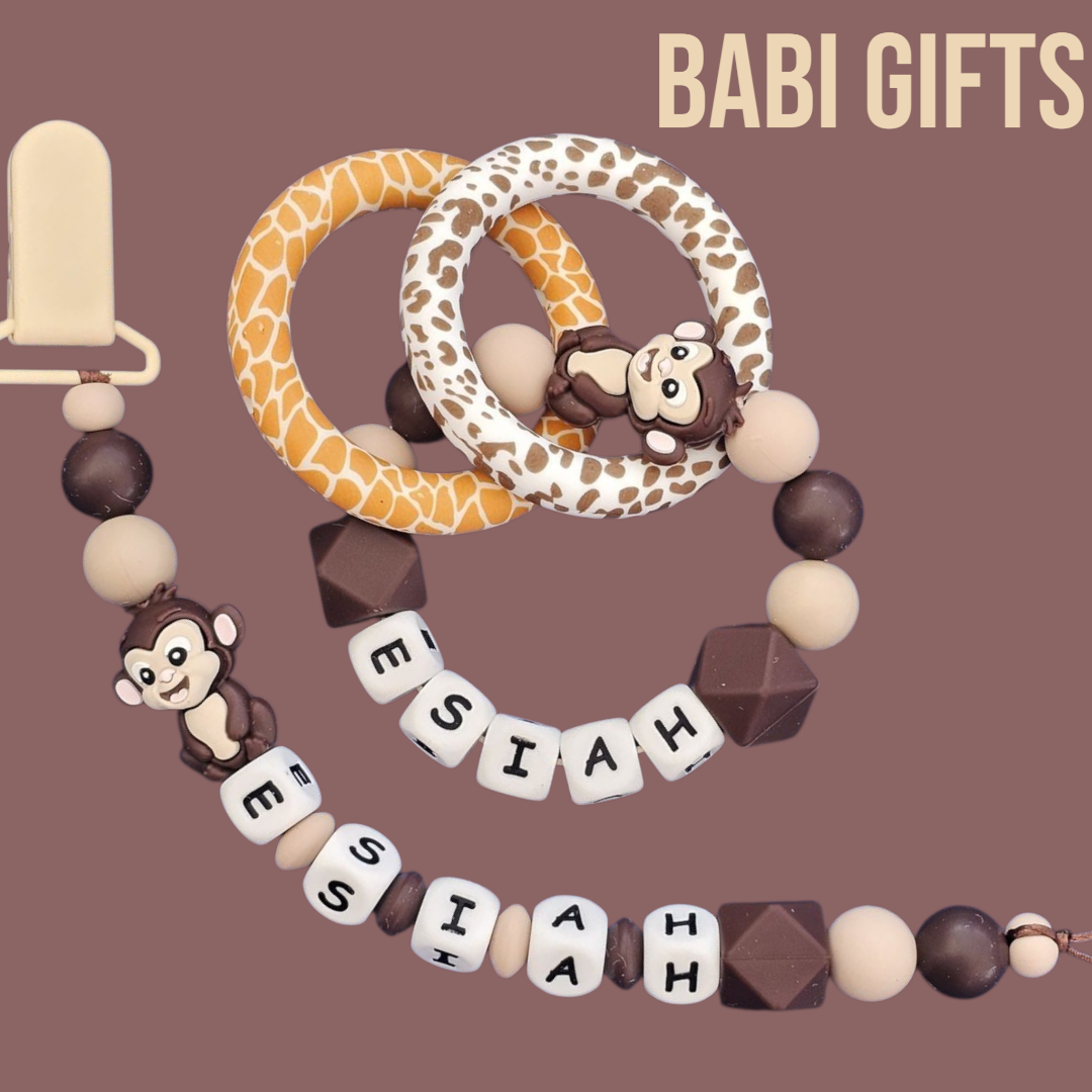 Monkey Dummy Clip & Teether – Neutral Jungle Baby Gift