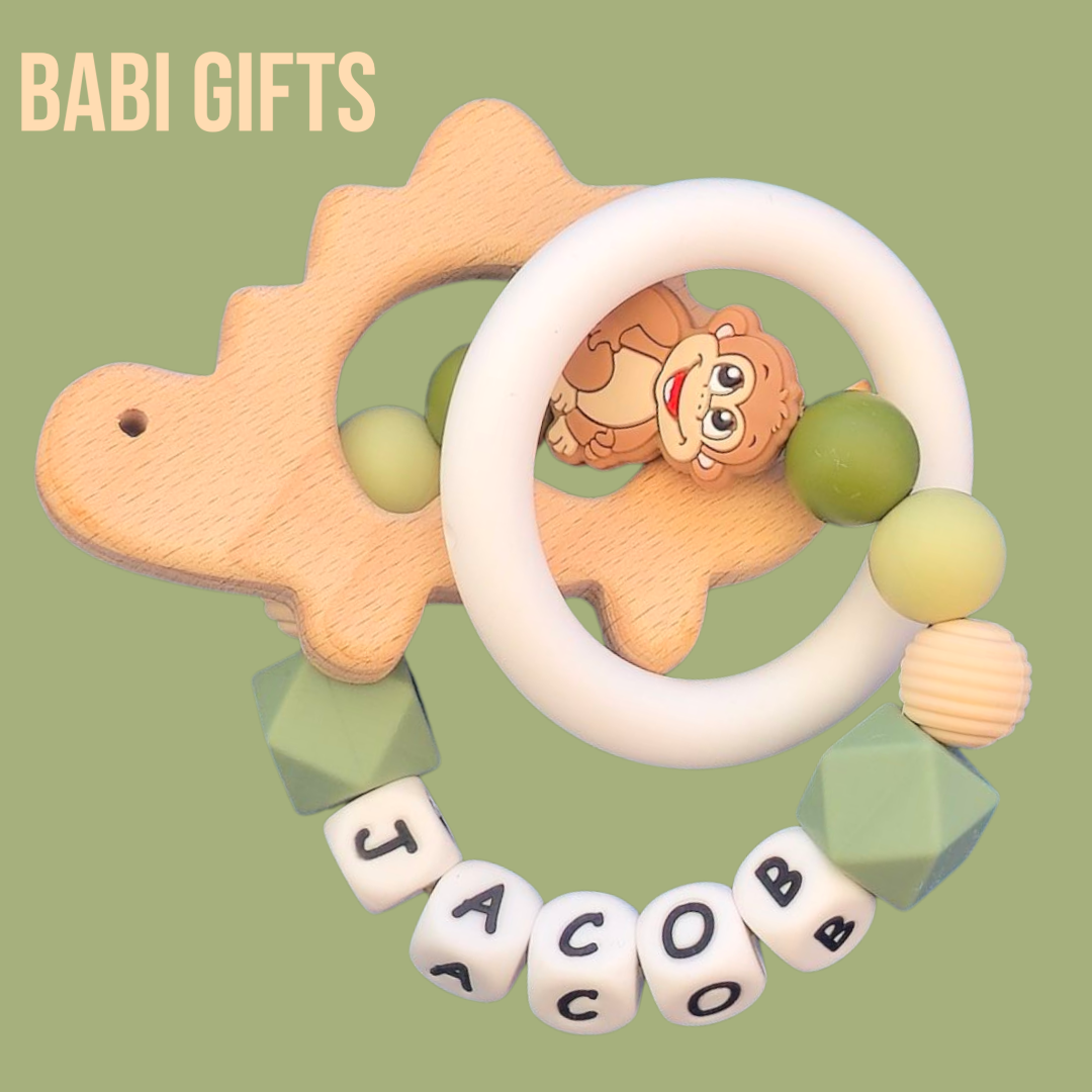 Monkey Dummy Clip & Dinosaur Teether – Jungle Baby Gift
