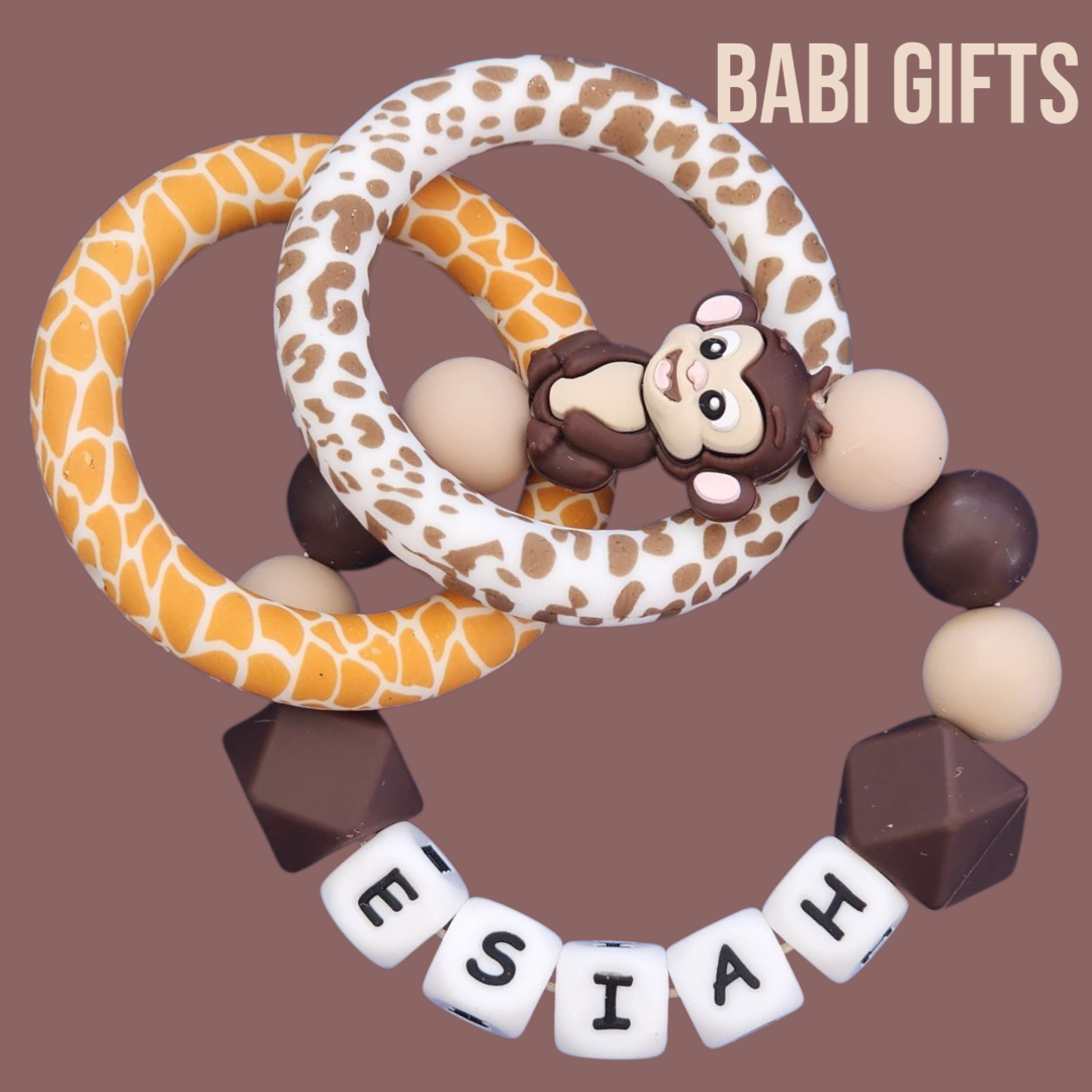 Monkey Dummy Clip & Teether – Neutral Jungle Baby Gift