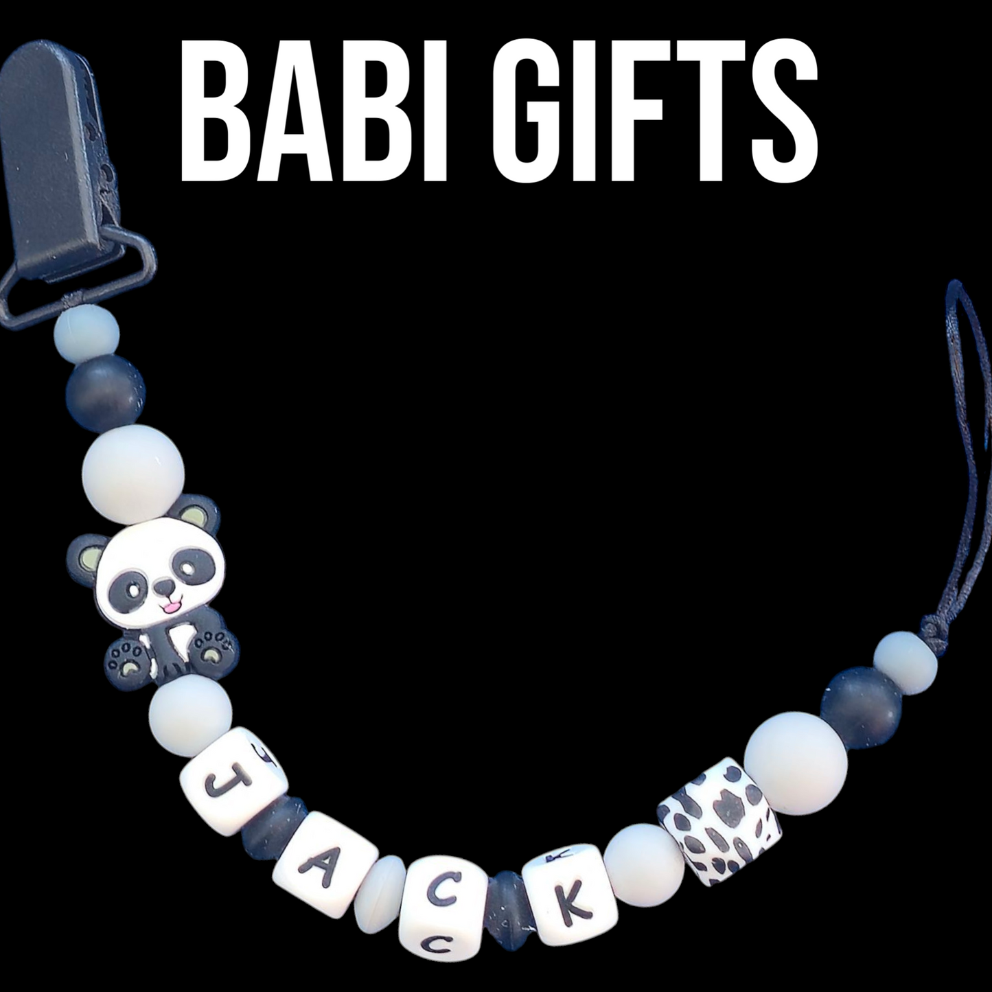Panda Dummy Clip & Teether – Monochrome Personalised Set