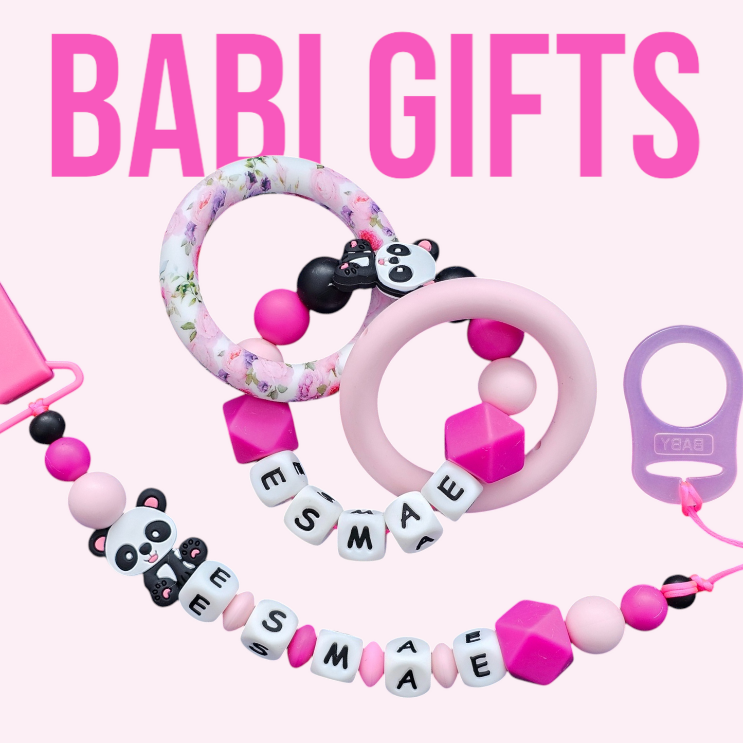 Floral Panda Dummy Clip & Teether – Personalised in Pinks