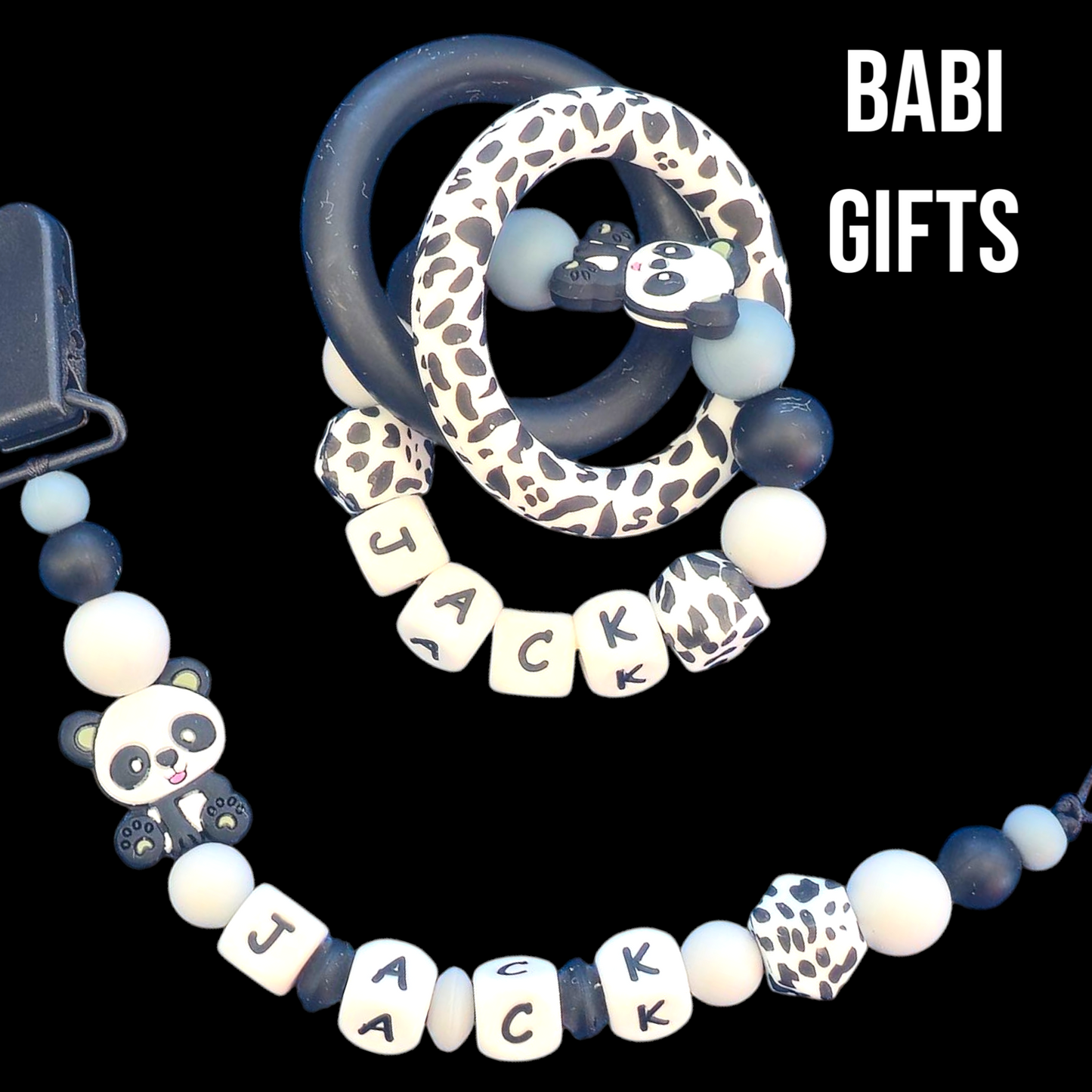 Panda Dummy Clip & Teether – Monochrome Personalised Set