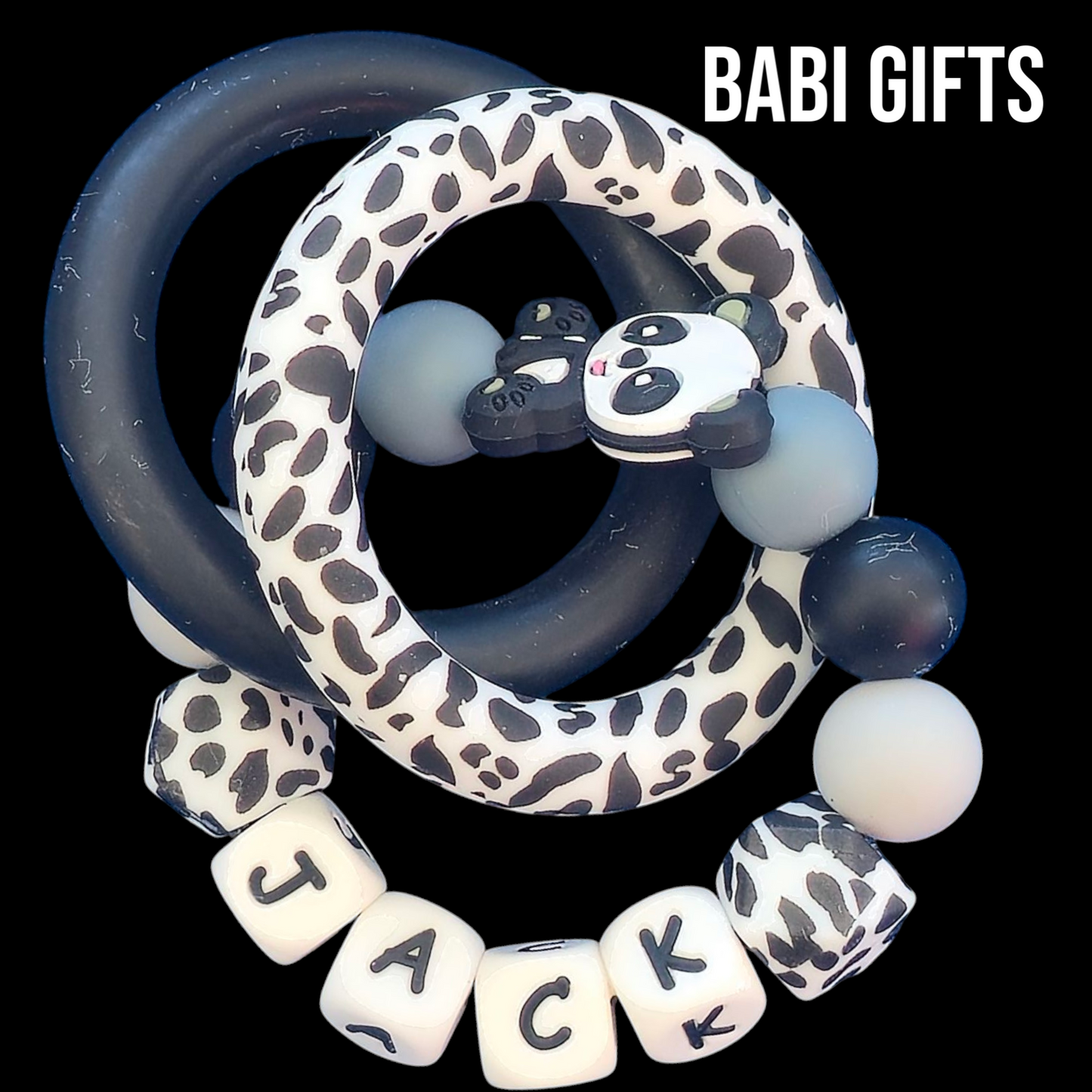 Panda Dummy Clip & Teether – Monochrome Personalised Set