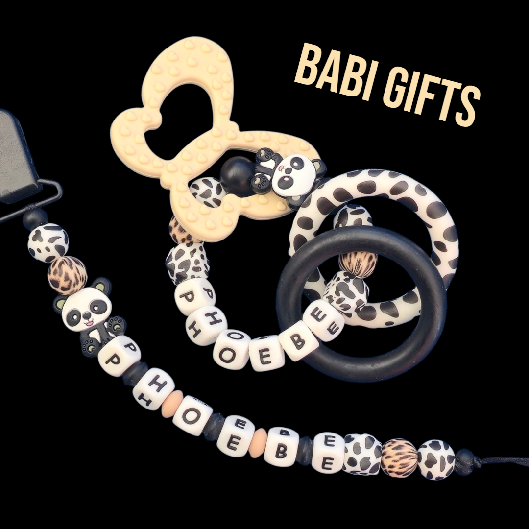 Panda Dummy Clip & Teether Set – Personalised Animal Print