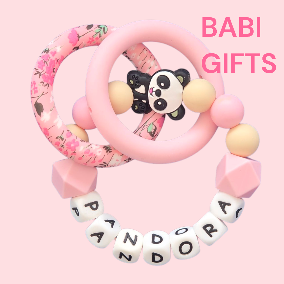 Pink Panda Dummy Clip and Teether Set – Personalised Baby Gift