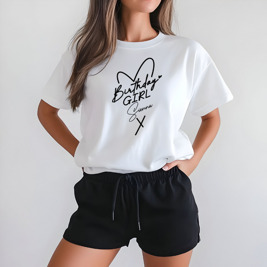 Heart Birthday Girl T-Shirt – Personalised, All Ages
