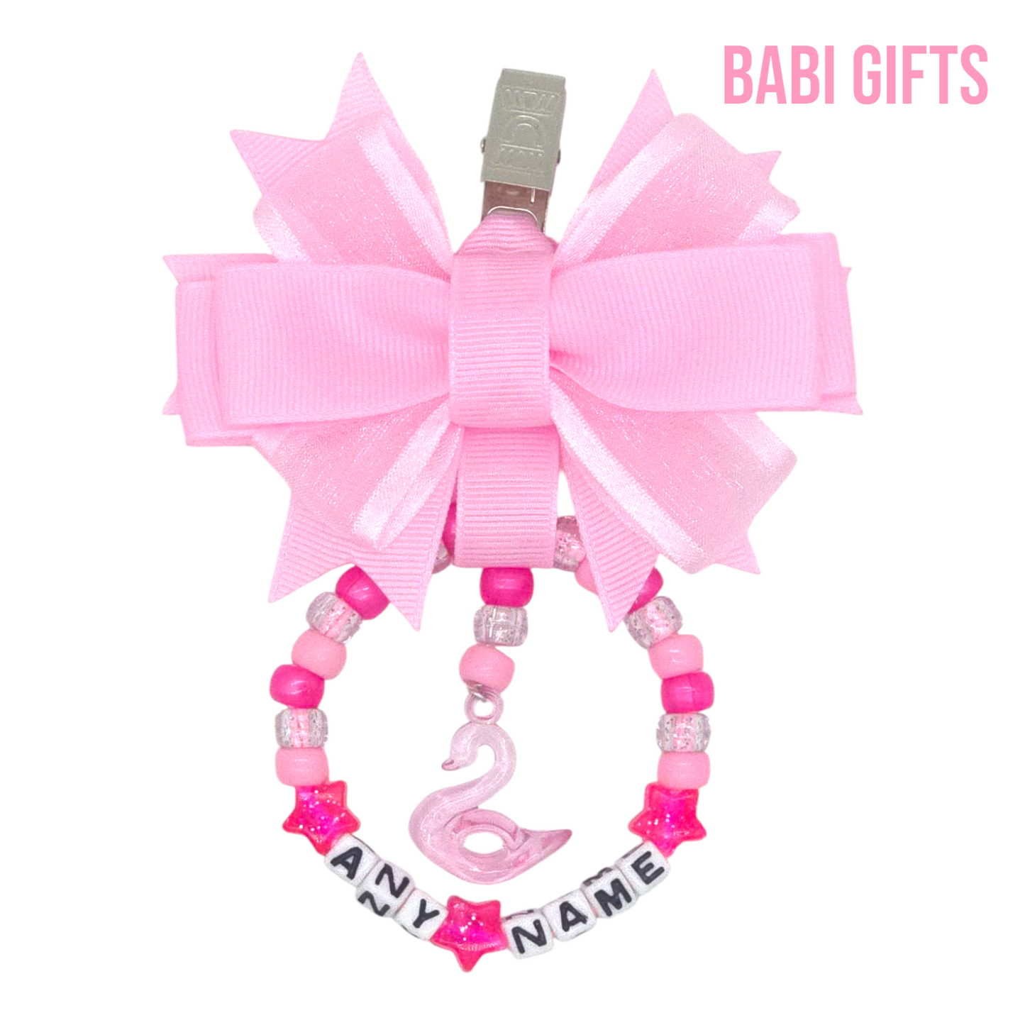 Pink Pram Charm β Sparkly Swan & Personalised Name Beads