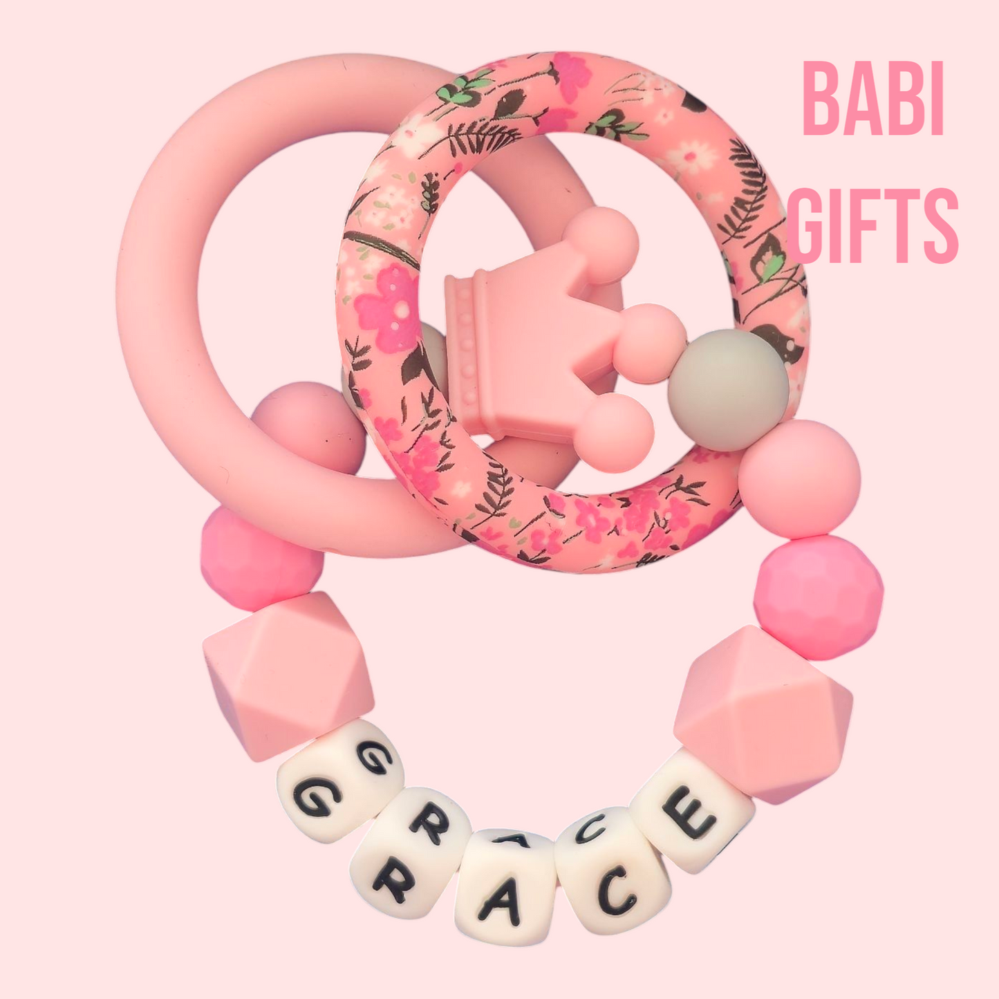 Pink Crown Dummy Clip & Teether Set – Baby Girl Gift