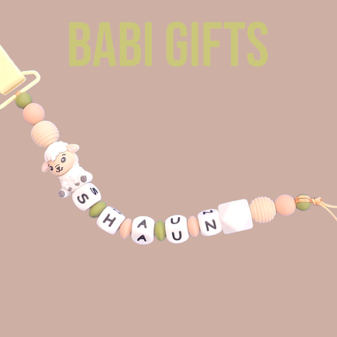 Sheep Dummy Clip & Wooden Teether – Natural Olive Gift