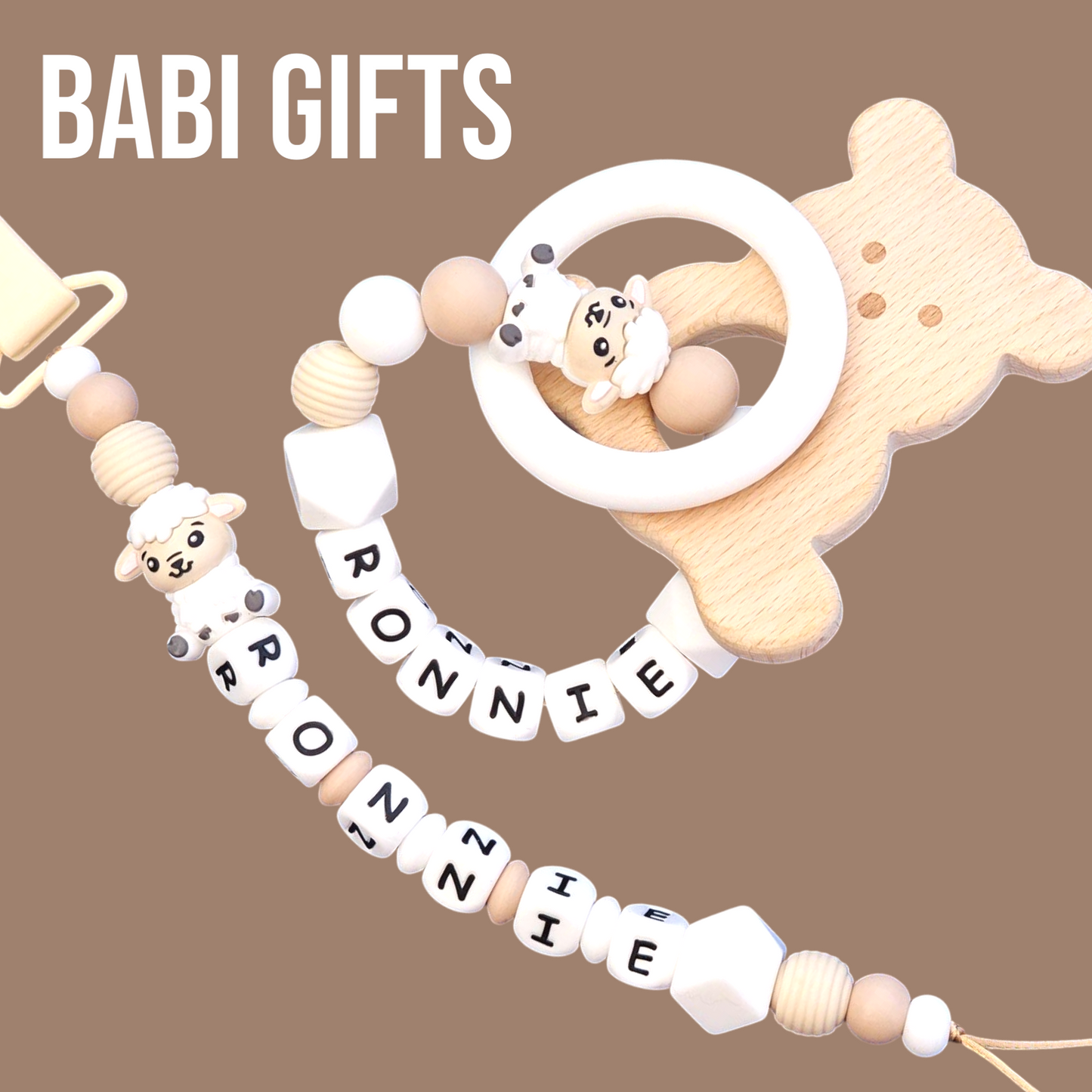 Natural Sheep Dummy Clip & Teether – Neutral Baby Gift