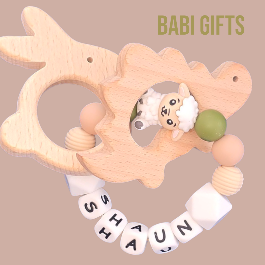 Sheep Dummy Clip & Wooden Teether – Natural Olive Gift