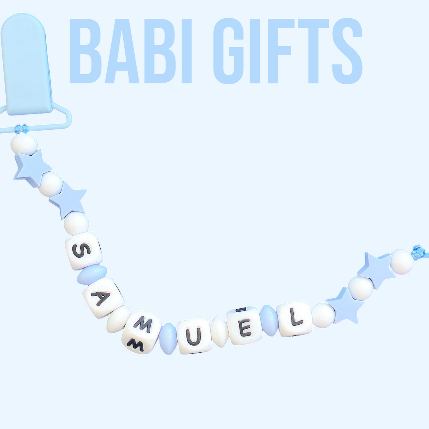 Blue Star Dummy Clip & Teether – Personalised Baby Gift