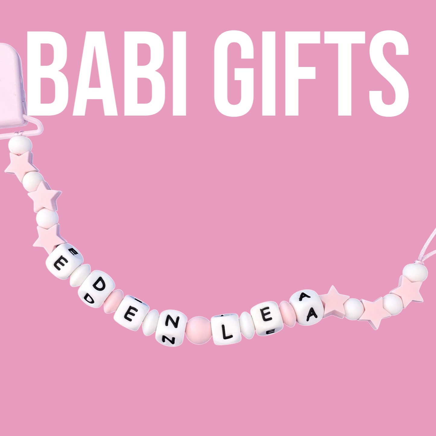 Pink Star Dummy Clip & Teether – Personalised Baby Set
