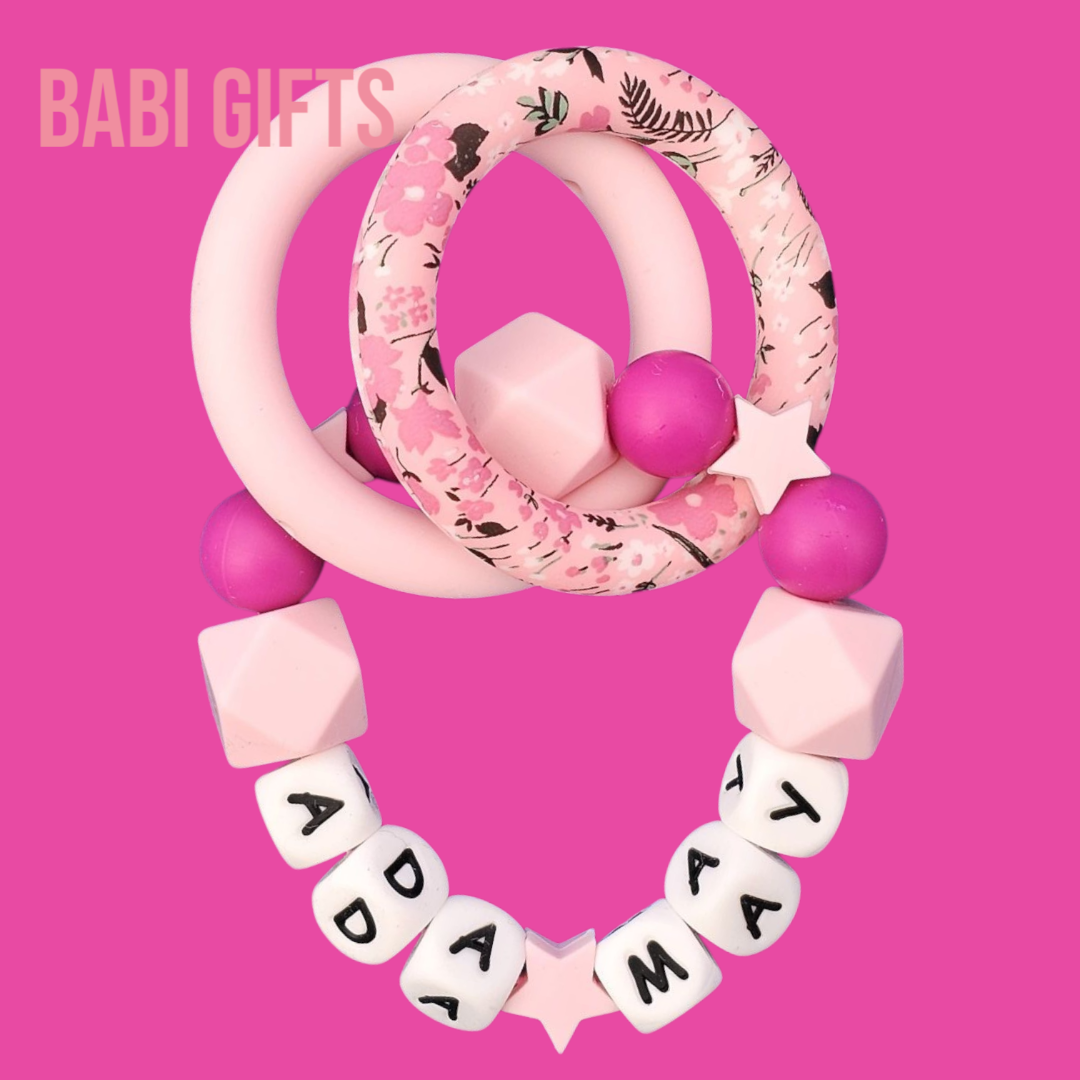Stars Pink Dummy Clip & Teether Set – Personalised