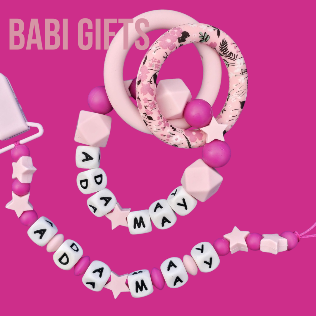 Stars Pink Dummy Clip & Teether Set – Personalised