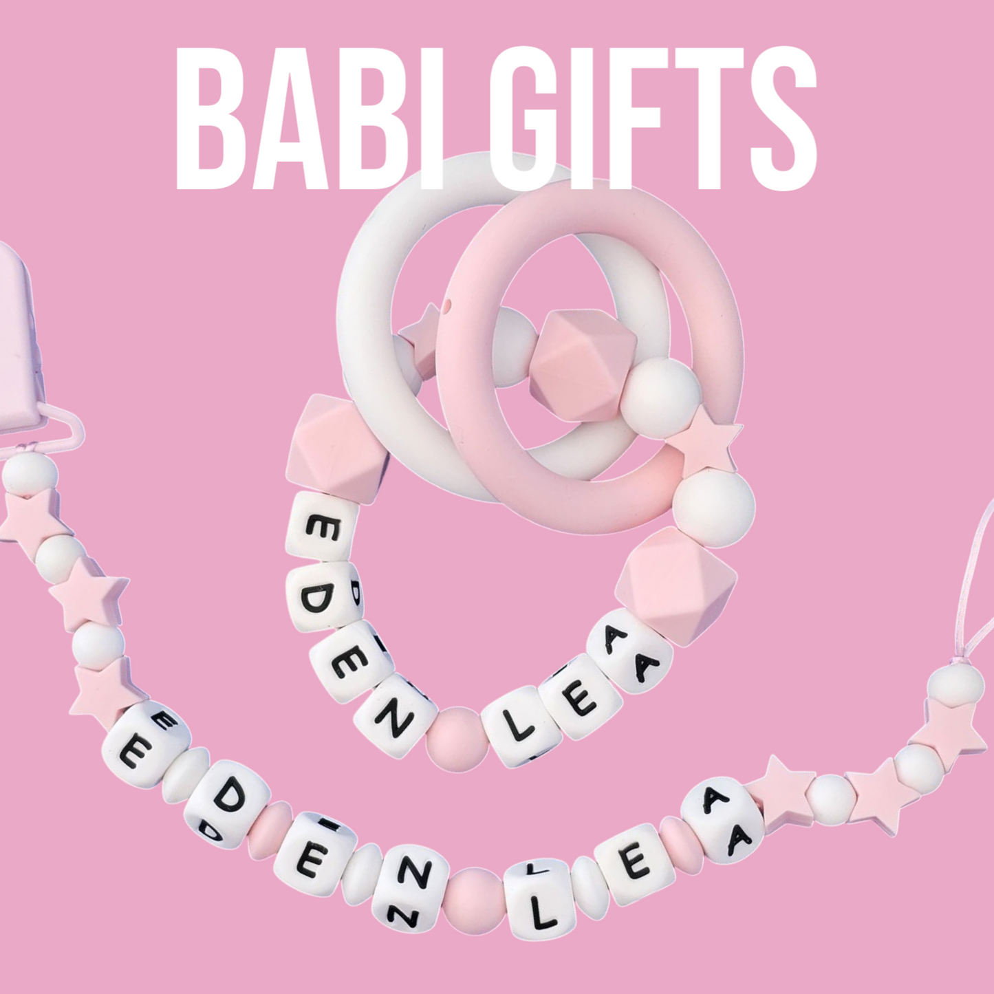 Pink Star Dummy Clip & Teether – Personalised Baby Set