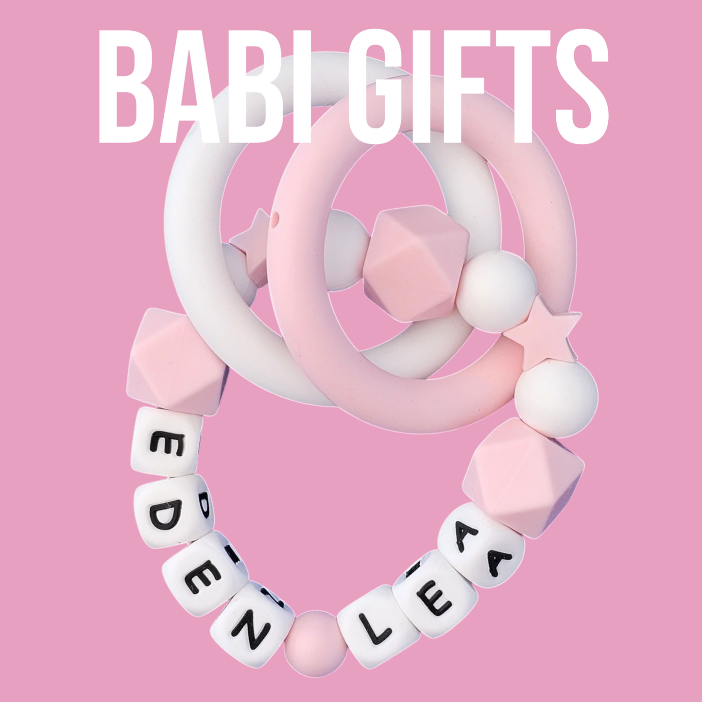 Pink Star Dummy Clip & Teether – Personalised Baby Set