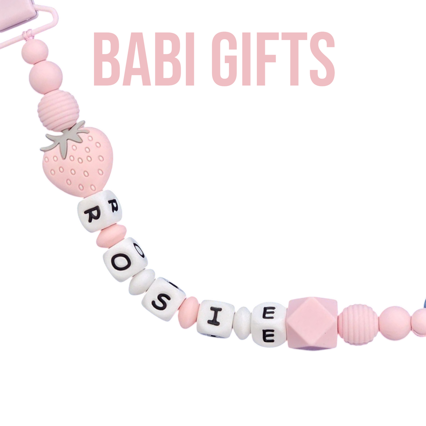Strawberry Dummy Clip & Teether – Pink Bear Rattle Gift