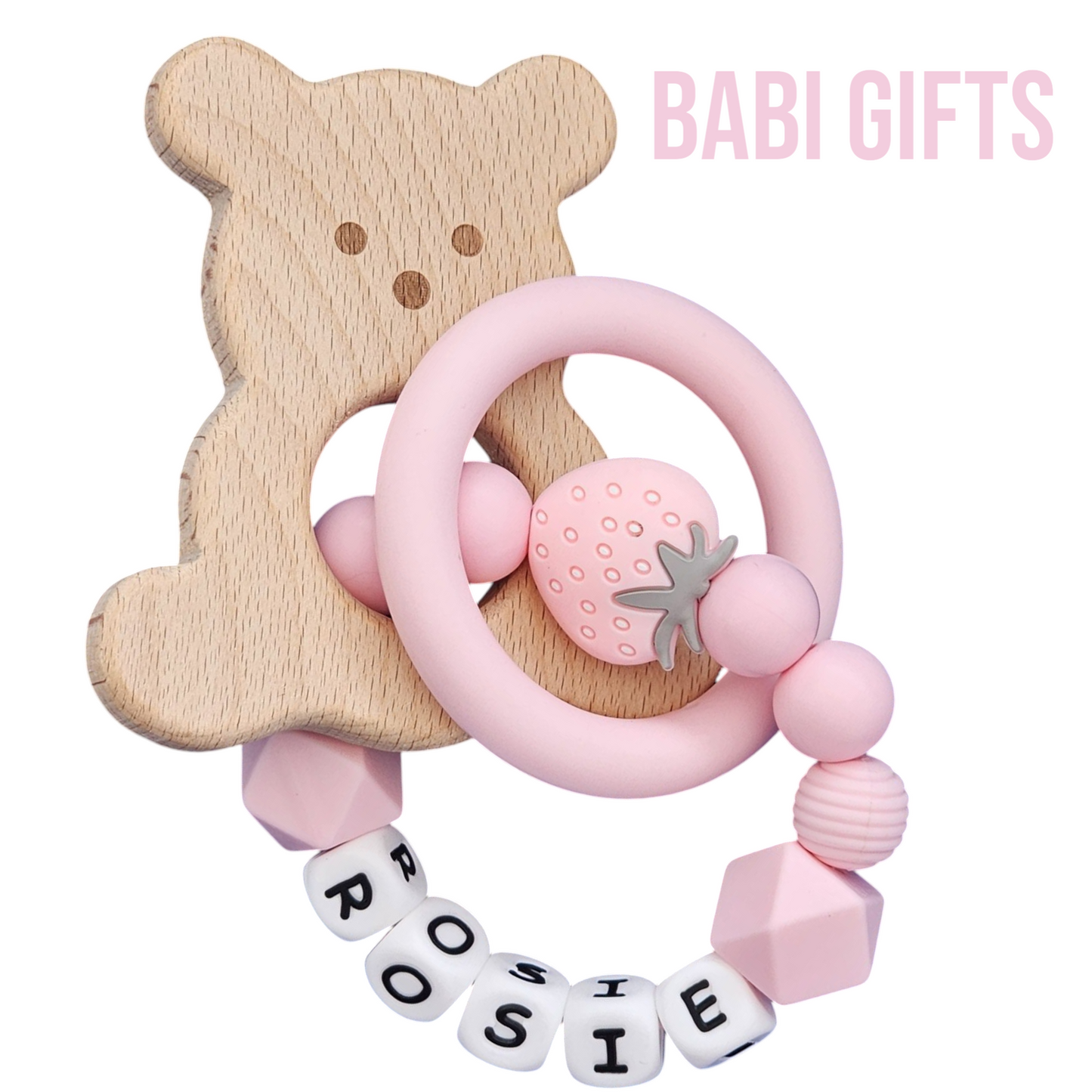 Strawberry Dummy Clip & Teether – Pink Bear Rattle Gift