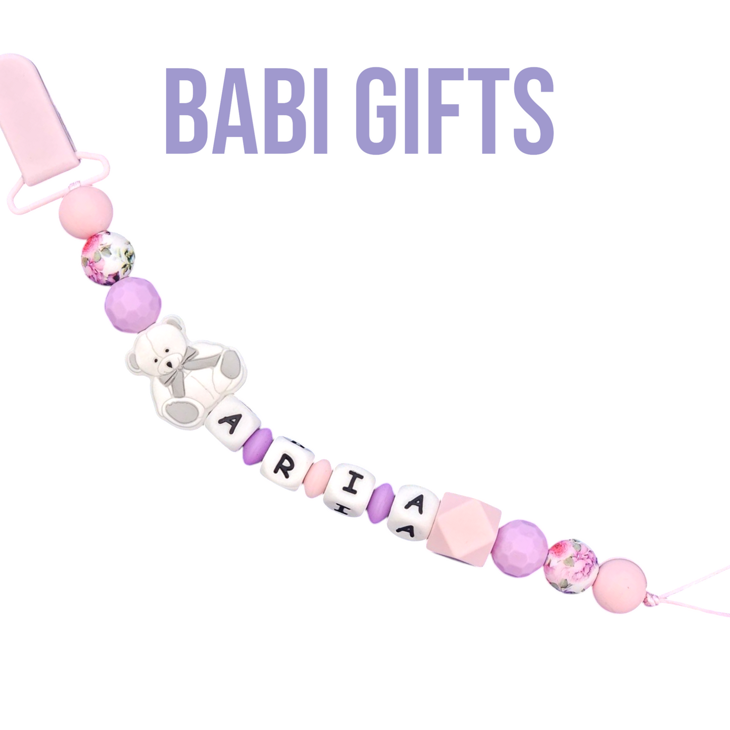 Teddy Bear Dummy Clip & Teether – Pink & Purple Gift