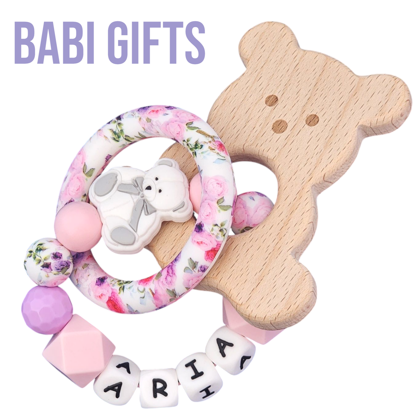 Teddy Bear Dummy Clip & Teether – Pink & Purple Gift
