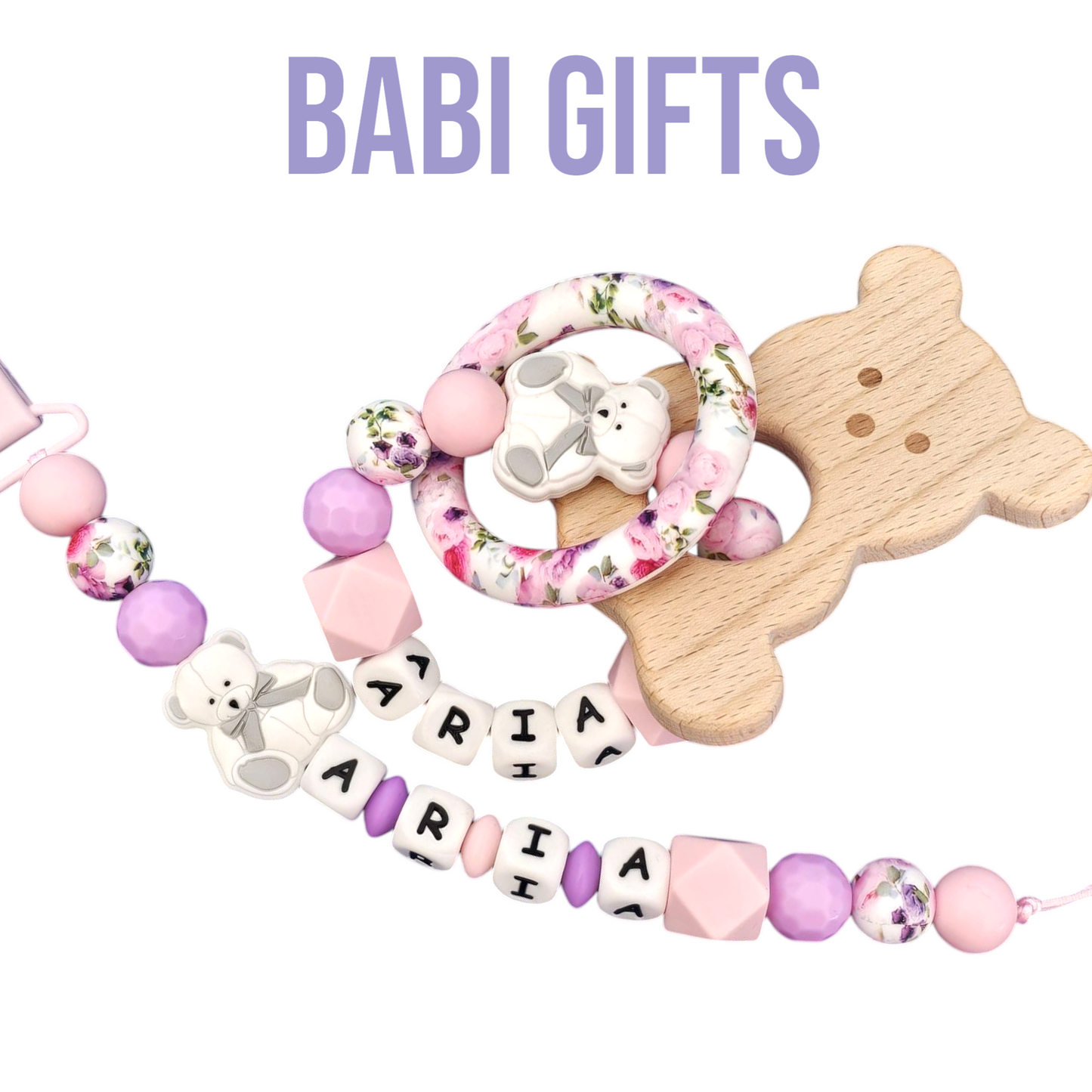 Teddy Bear Dummy Clip & Teether – Pink & Purple Gift