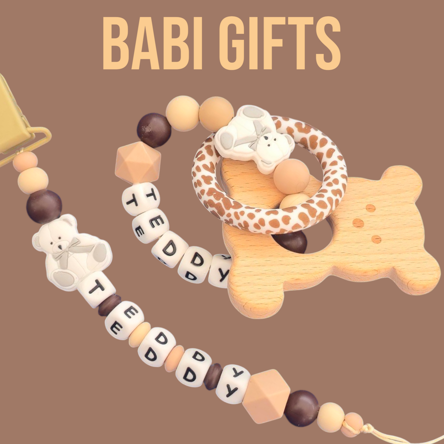 Teddy Bear Dummy Clip & Teether – Natural Brown Gift