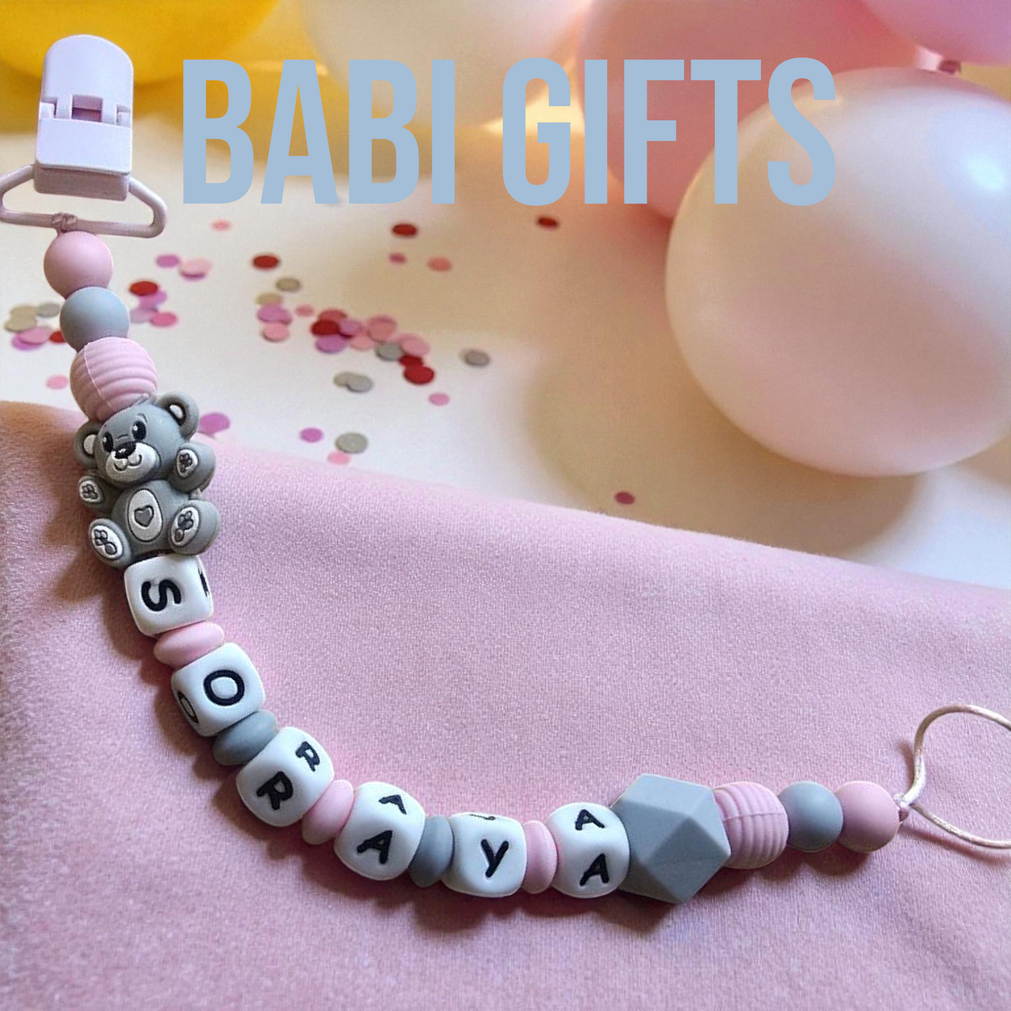 Teddy Bear Dummy Clip and Teether Set – Pink & Grey Personalised Baby Gift