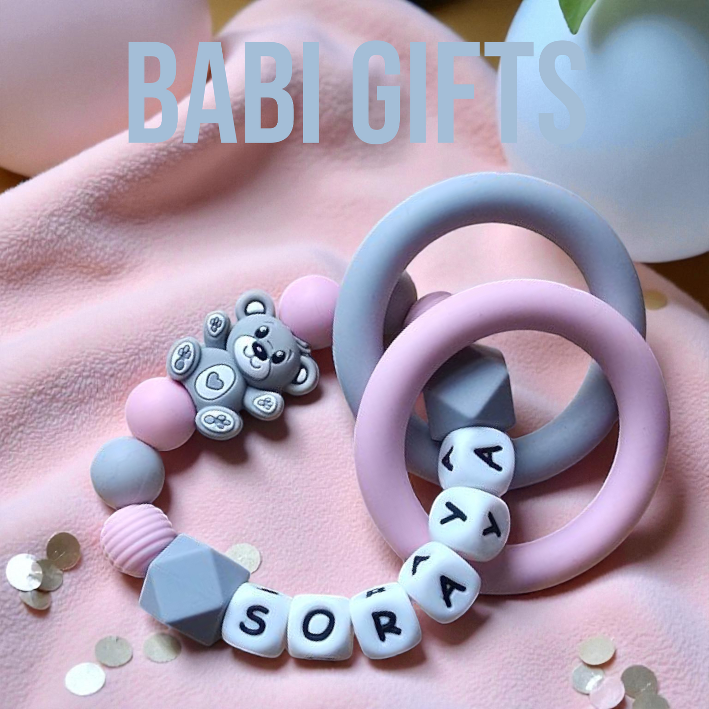 Teddy Bear Dummy Clip and Teether Set – Pink & Grey Personalised Baby Gift