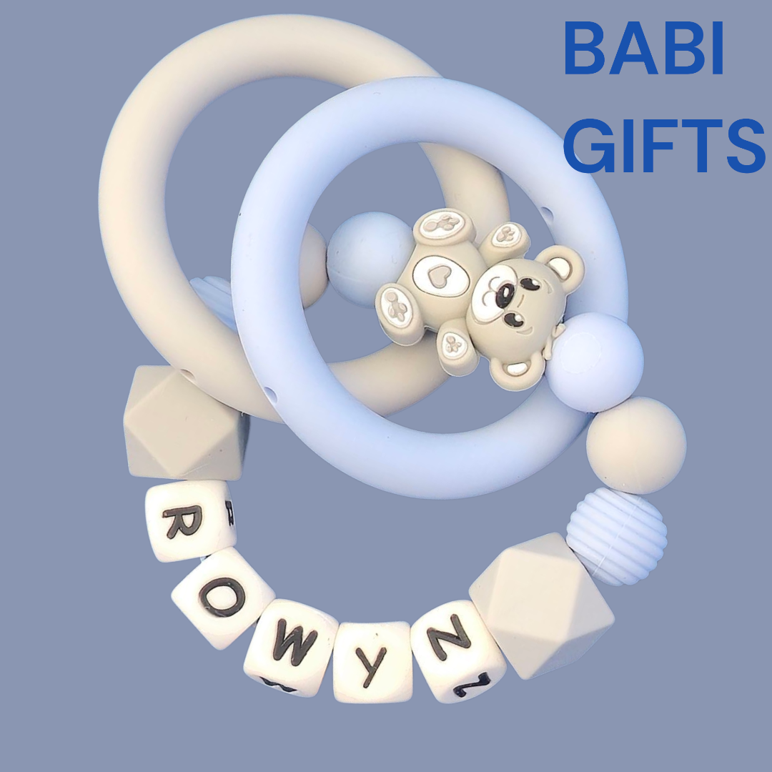 Blue Teddy Bear Dummy Clip and Teether Set – Personalised Baby Gift