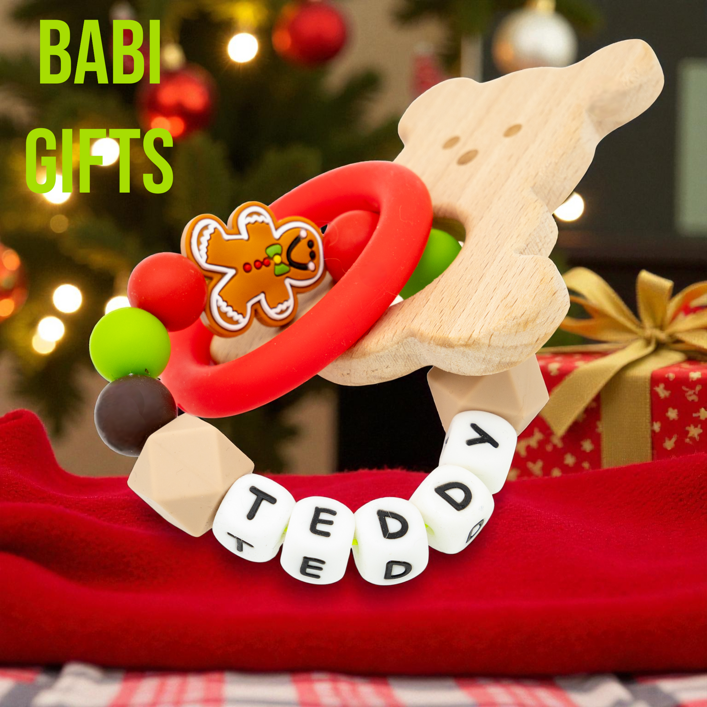 Gingerbread Man Dummy Clip and Teether Set – Personalised Christmas Gift