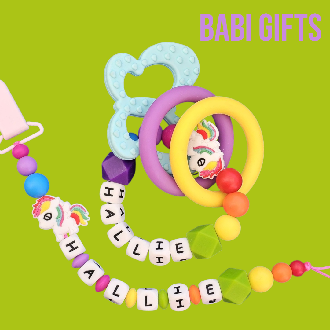 Rainbow Unicorn Dummy Clip – Personalised Baby Gift