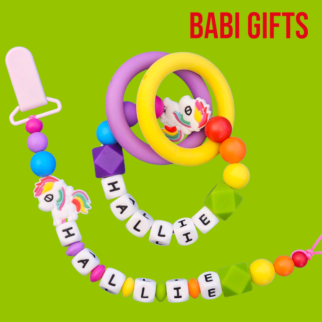 Rainbow Unicorn Dummy Clip – Personalised Baby Gift