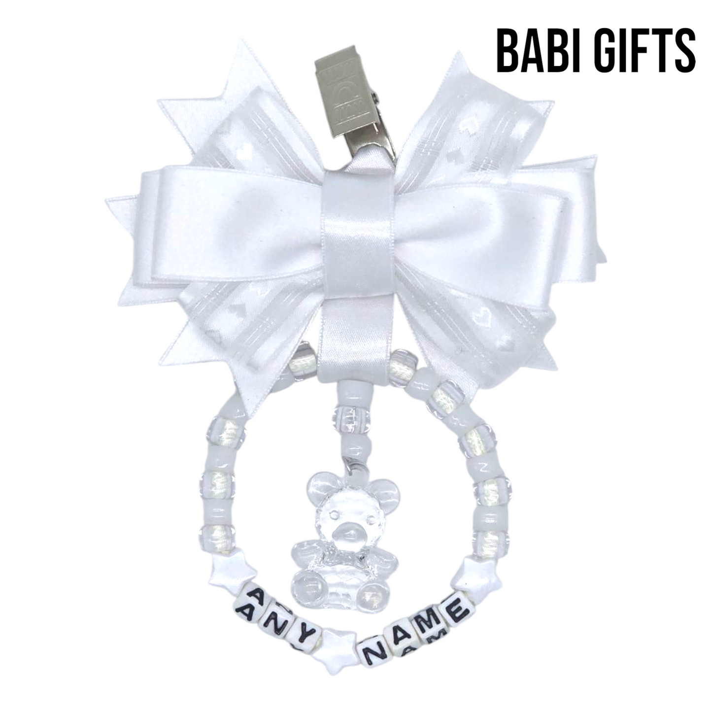 White Pram Charm β Personalised with Crystal Bear Centrepiece