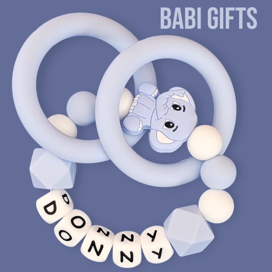 Elephant Dummy Clip & Teether Set – Blue & White