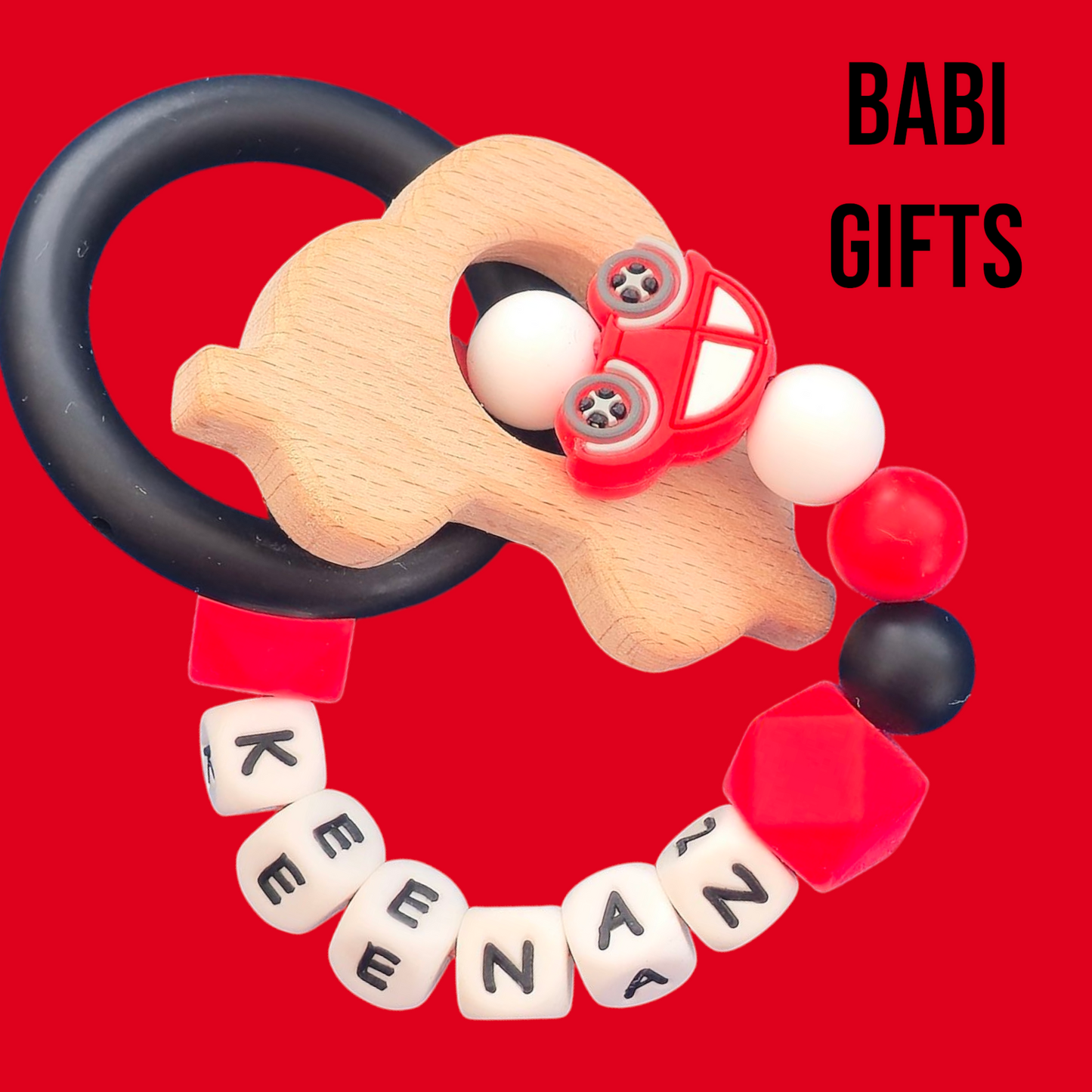 Red Car Dummy Clip & Rattle Set – Personalised Baby Gift