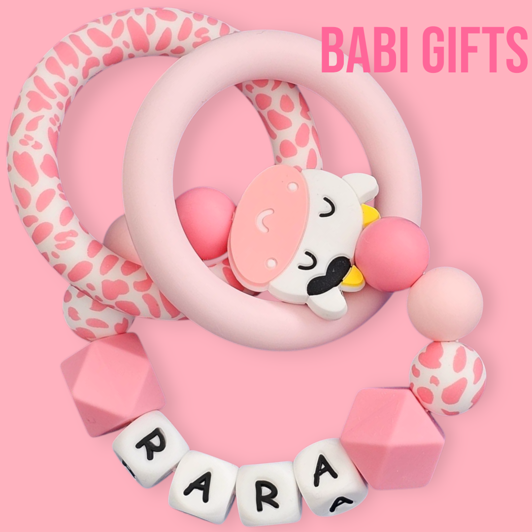 Pink Cow Print Dummy Clip & Teether Set – Personalised