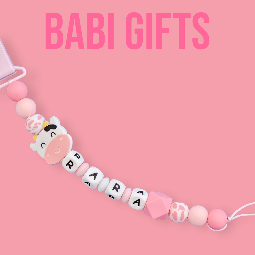 Pink Cow Print Dummy Clip & Teether Set – Personalised
