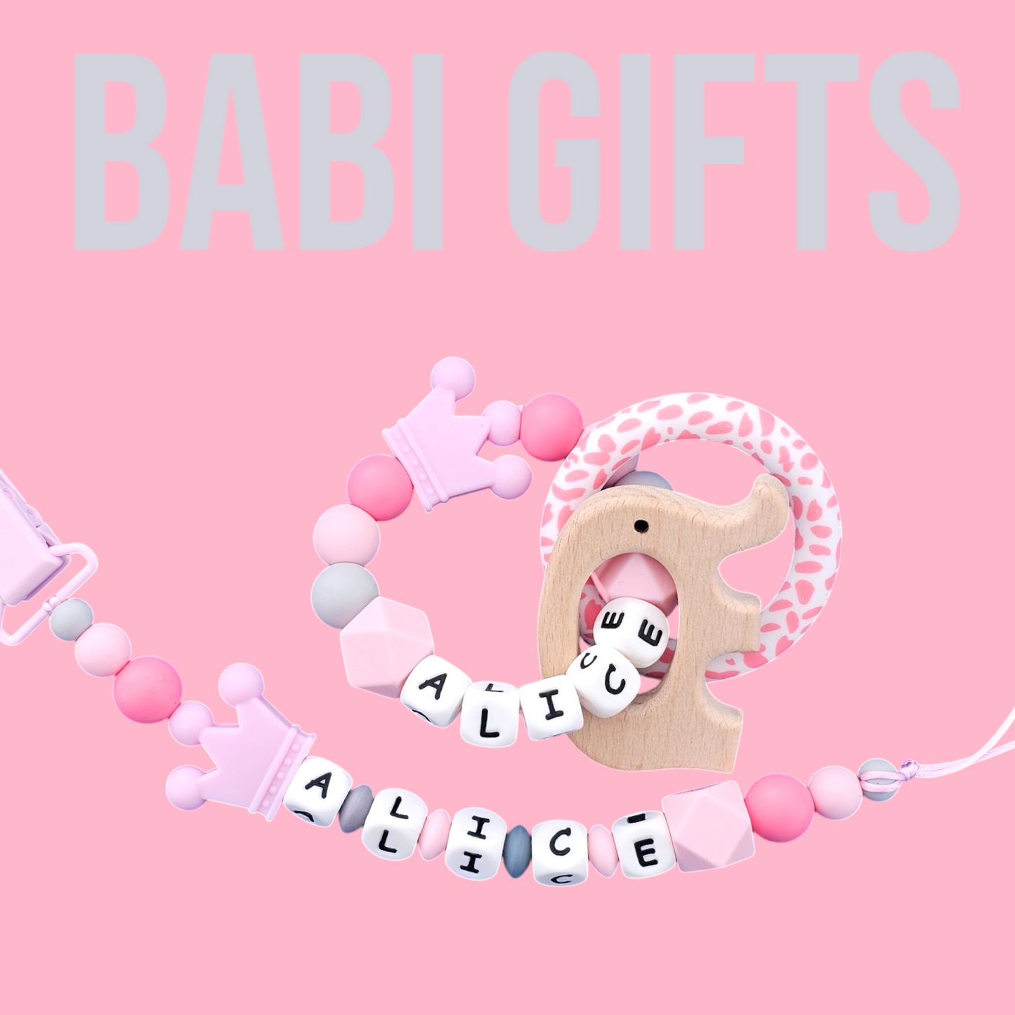Pink Crown Dummy Clip & Teether Set – Personalised Gift