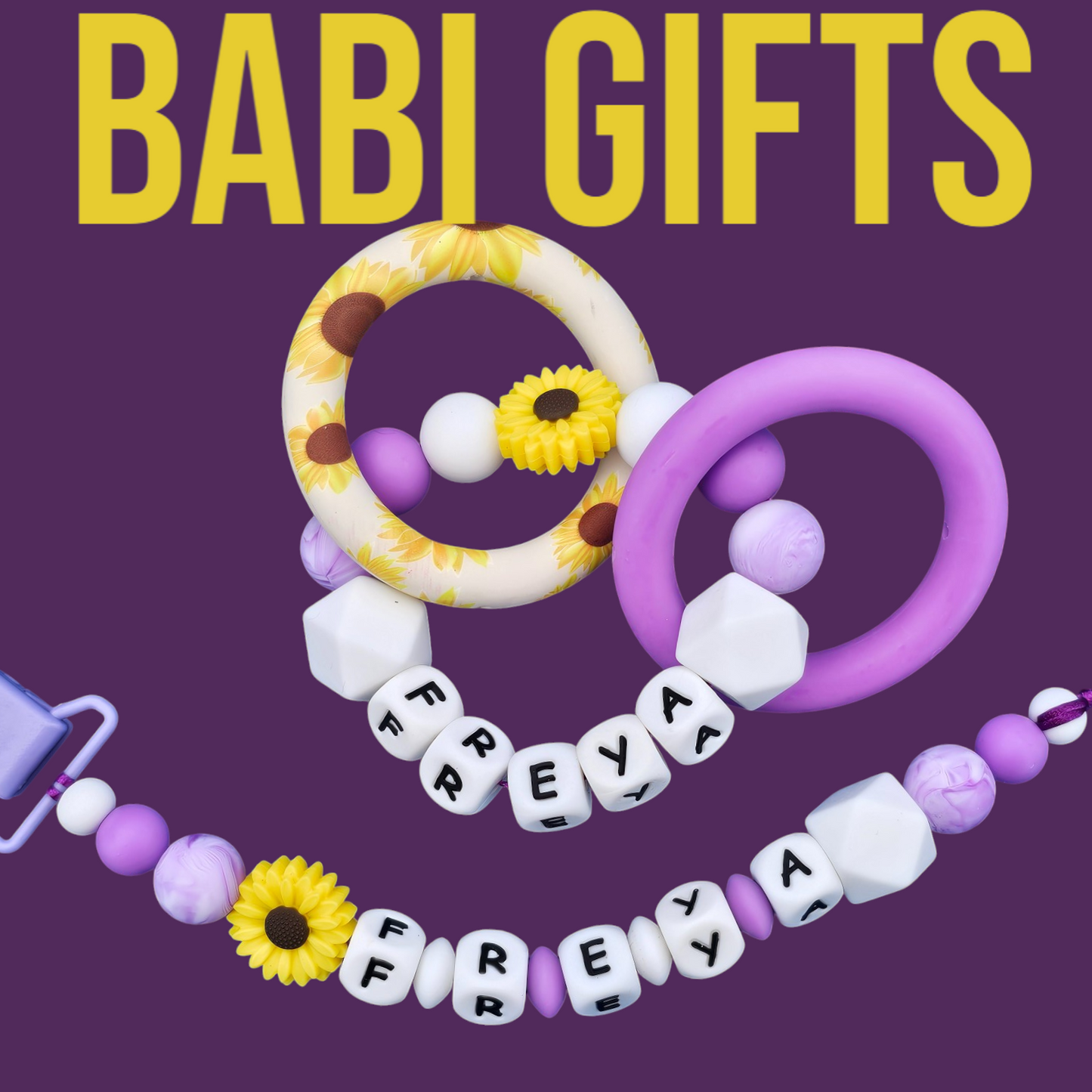Purple Daisy Dummy Clip & Teether โ Personalised Baby Set