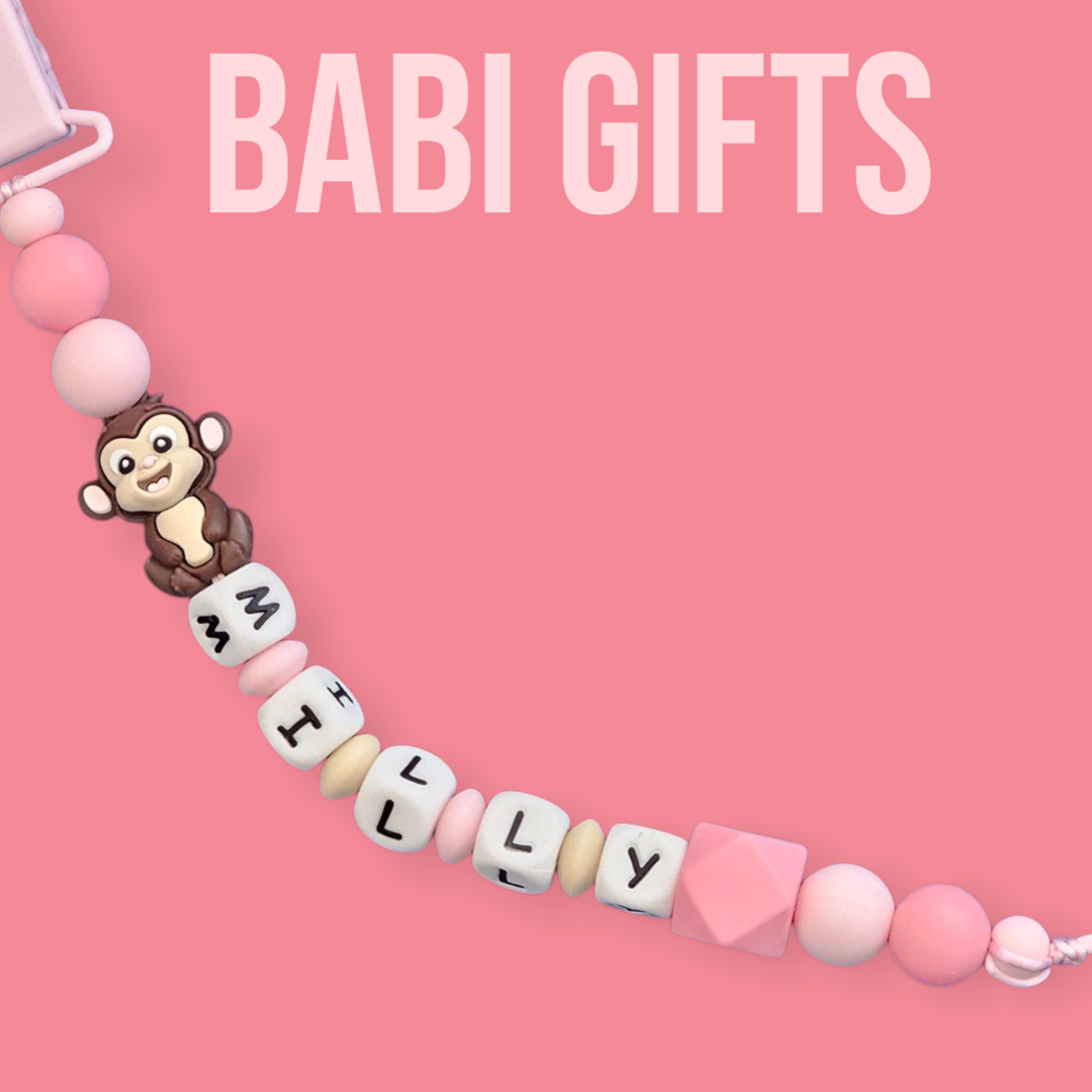 Cheeky Monkey Dummy Clip & Teether Set – Pink Personalised