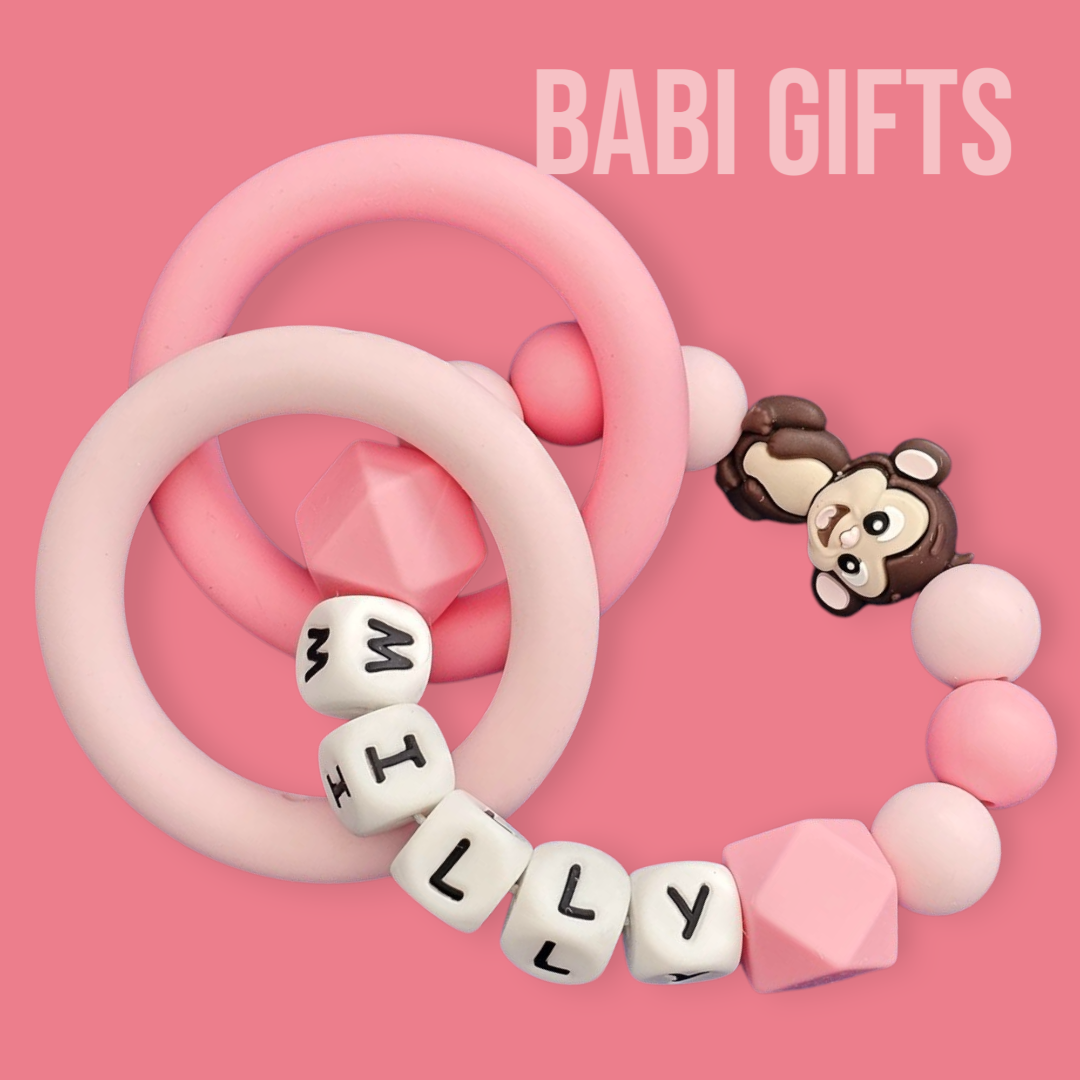 Cheeky Monkey Dummy Clip & Teether Set – Pink Personalised