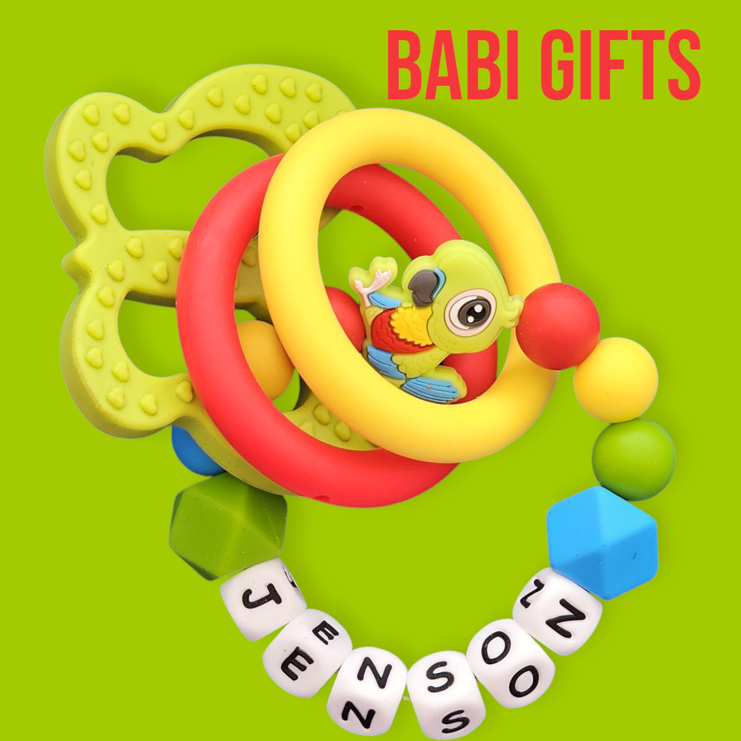 Bright Parrot Dummy Clip & Teether – Personalised Tropical Gift