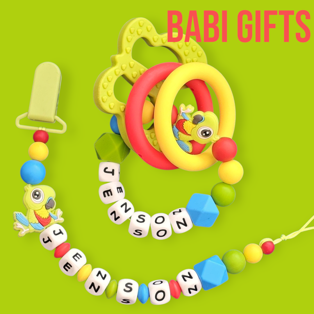 Bright Parrot Dummy Clip & Teether – Personalised Tropical Gift
