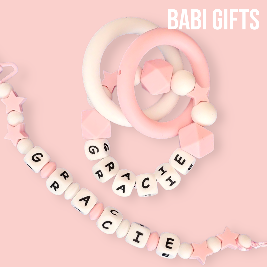 Pink Stars Dummy Clip – Personalised Baby Teether Set