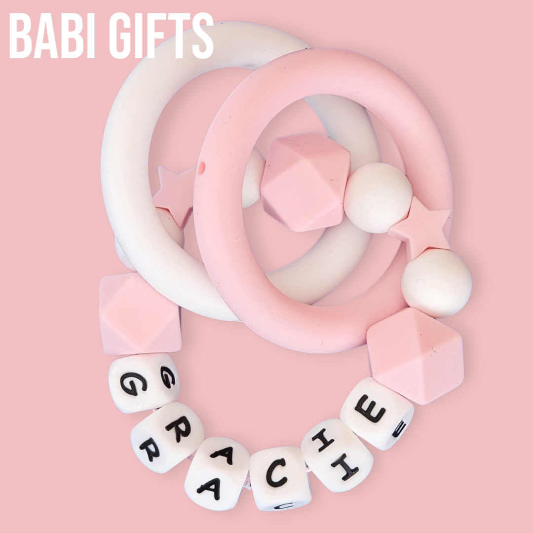 Pink Stars Dummy Clip – Personalised Baby Teether Set