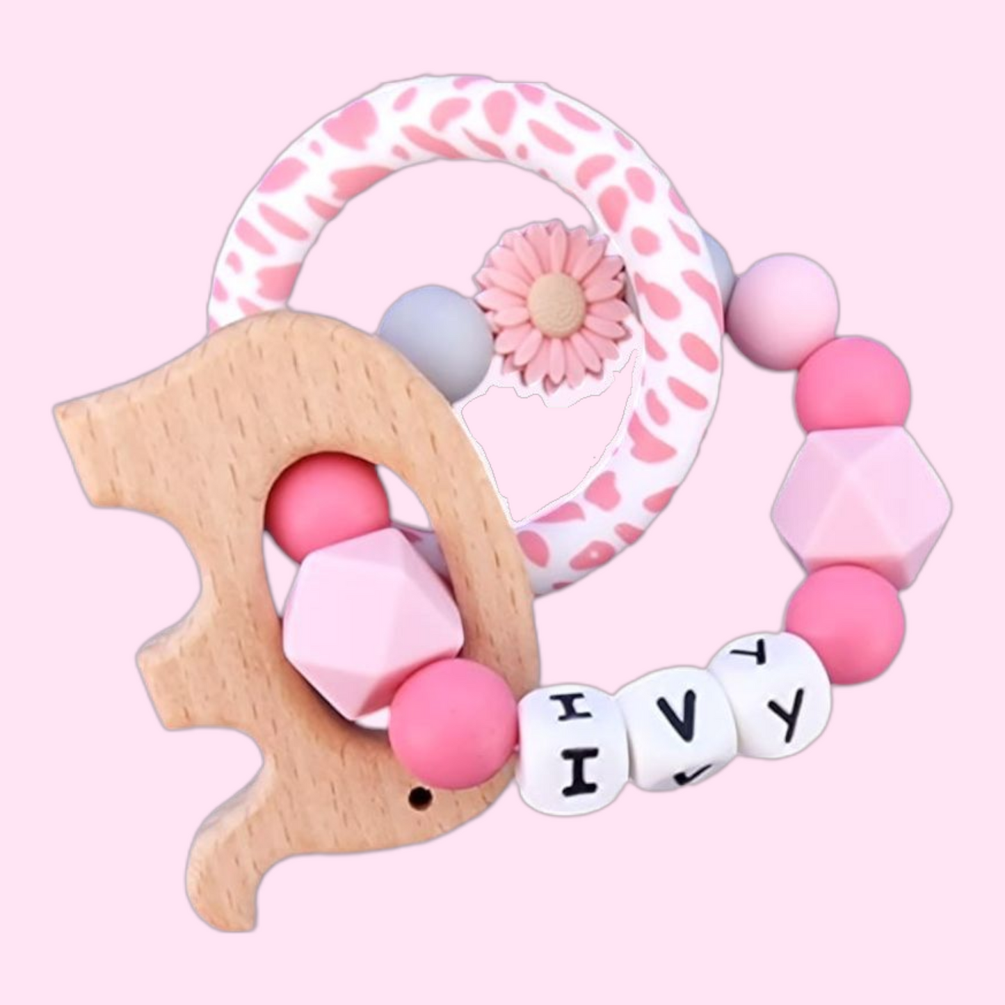 Pink Elephant & Daisy Dummy Clip – Personalised Teether