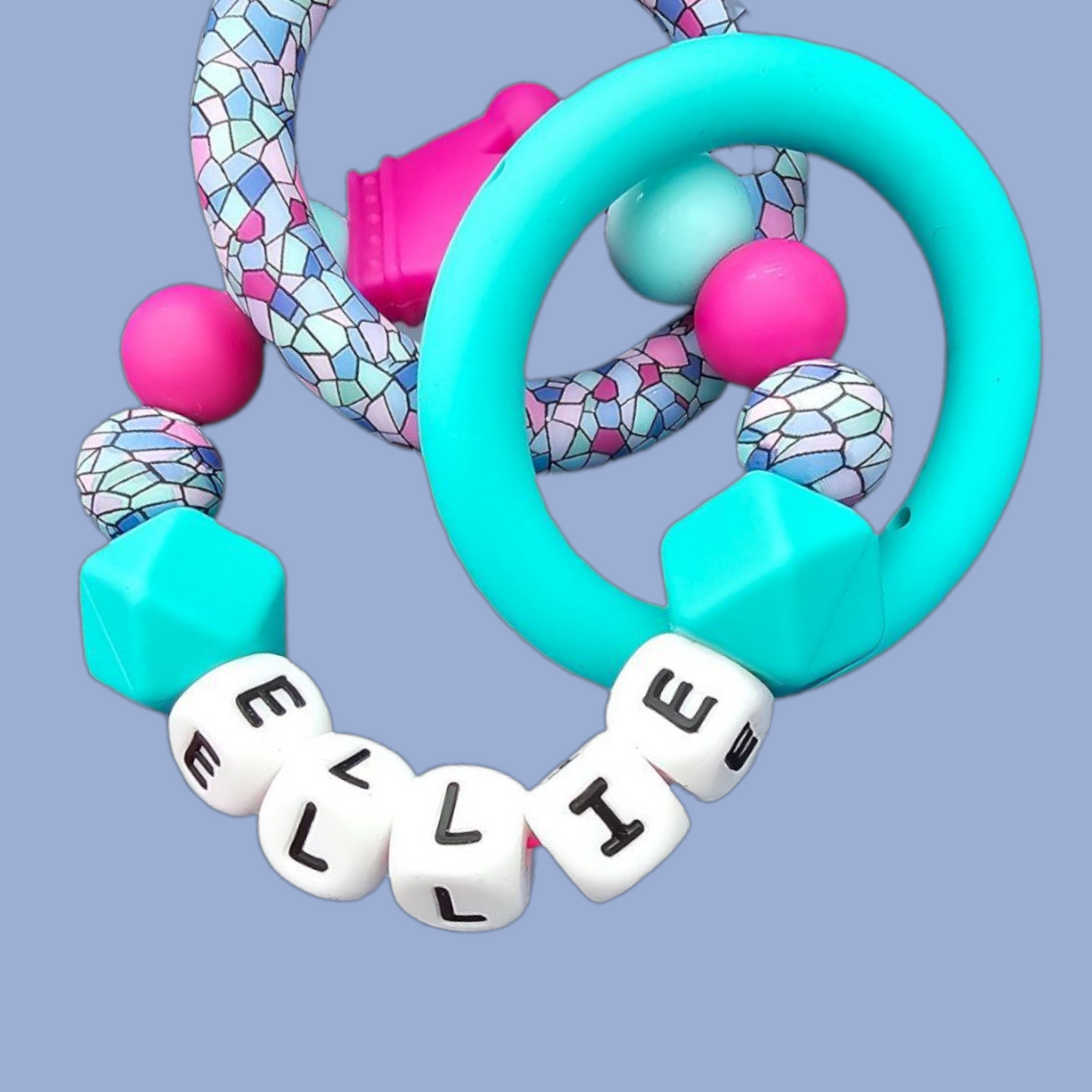 Crown Geo Dummy Clip – Teal & Pink Personalised Set