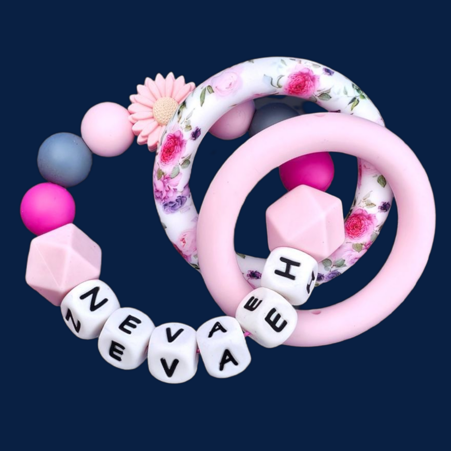 Pink Daisy Rose Ring Dummy Clip & Teether Set – Personalised